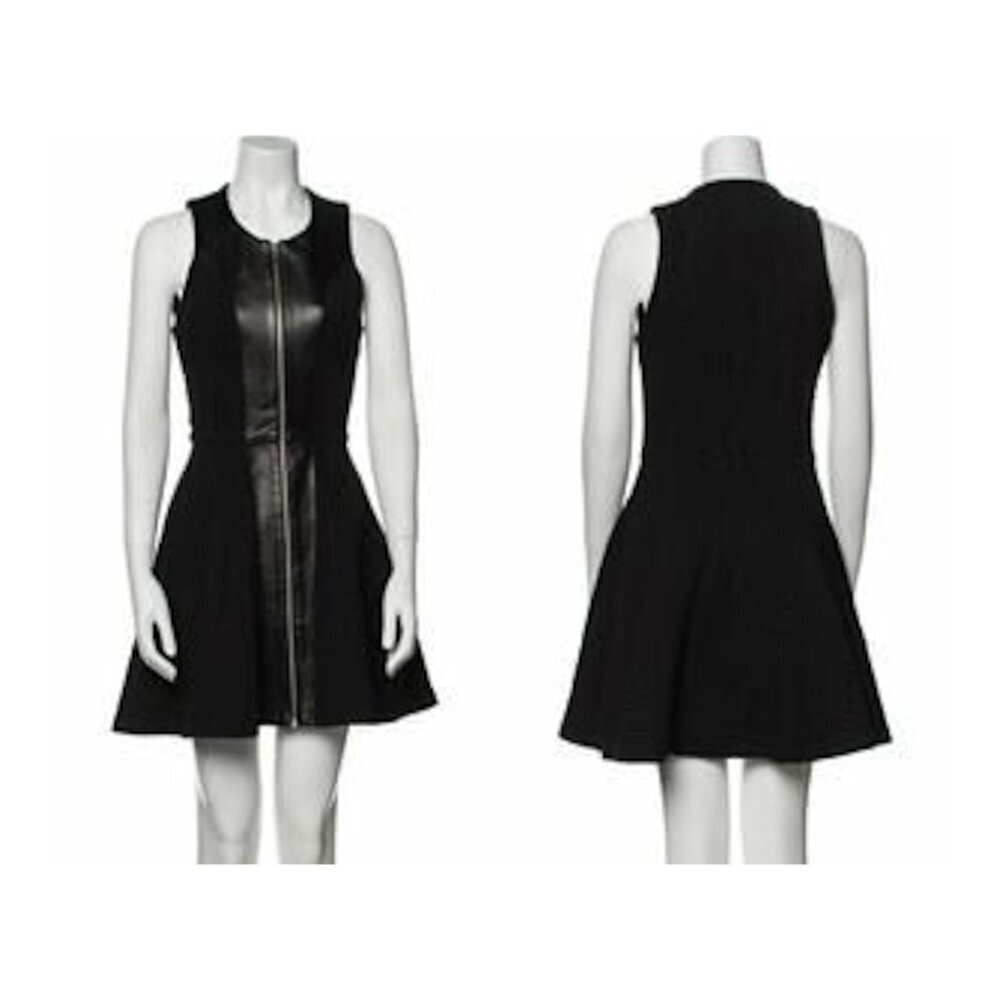 NICHOLAS Black Textured Full Zip Leather Panel Fit & Flare Mini Dress